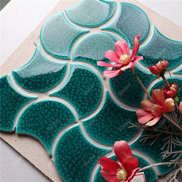 Wholesale Heavy Crackle Green Ceramic Fish Scale Fan Shapes Mosaic