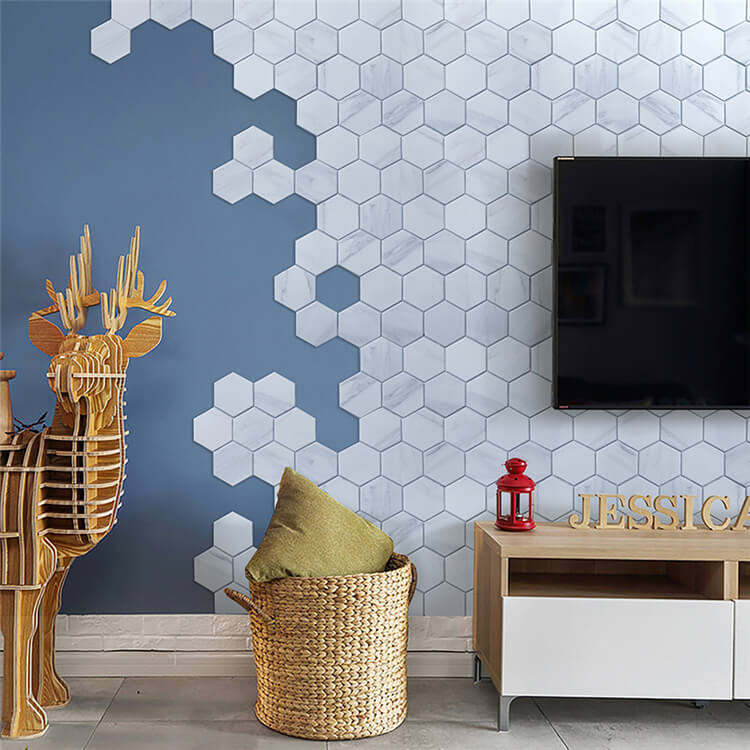 Living room TV backsplash diy matching hexagon porcelain tiles.jpg