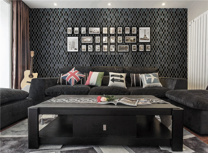 dark black diamond shaped tile design in living room.jpg