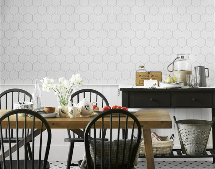 dinning area using medium size matte white hexagon mosaic tiles on wall.jpg