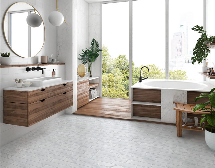 bathroom using brickbond marble look porcelain mosaic tiles on floor.jpg