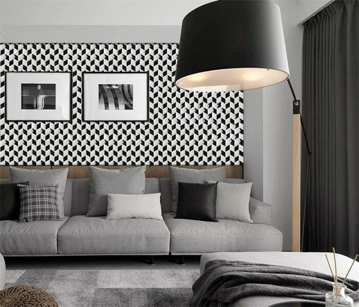 living room using black white rhombus tile for wall decoration.jpg