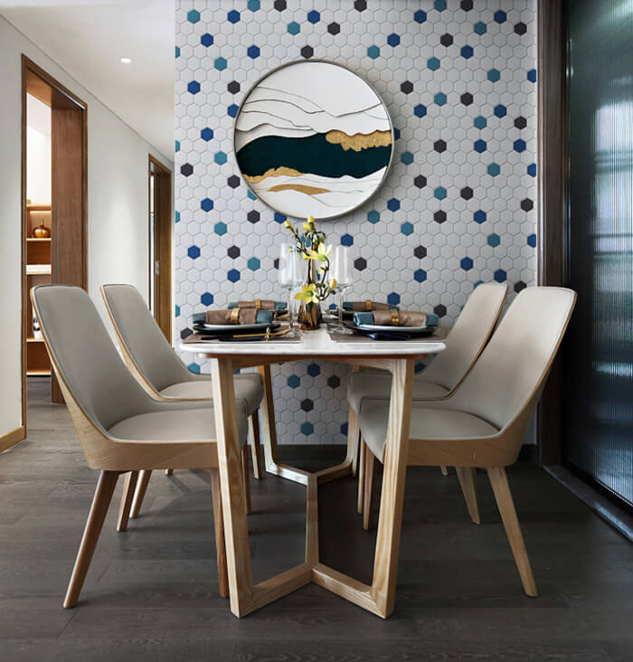 hexagon mosaic tile wall for dinning space.jpg