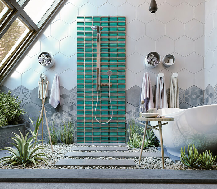 a nature themed shower with vintage green strip mosaic tile decorated.jpg