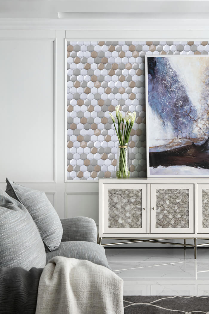 3D hexagon ceramic mosaic tile backsplash in the living room.jpg