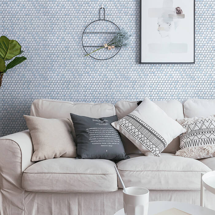 use blue white mixed penny mosaic backsplash in livingroom.jpg