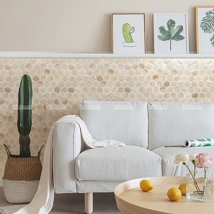 Make your living room cozy with light color hexgaon tile design.jpg