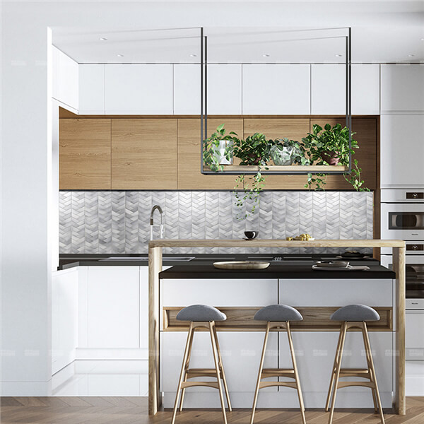 the kitchen backsplash of  porcelain mosaic