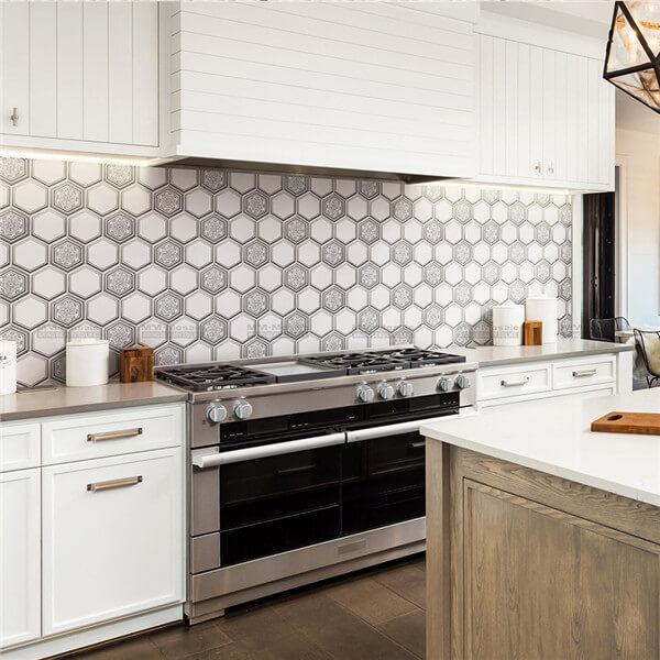 super hexagon mosaic used as kitchen backsplash