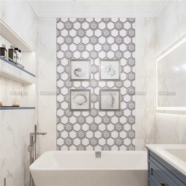 hexagon metallic print mosaic used in bathroom wall