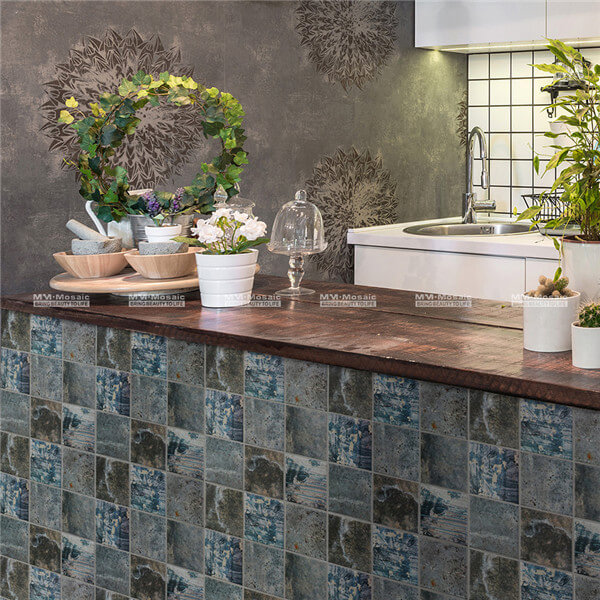 the industrial tiles in front of the kitchen counter