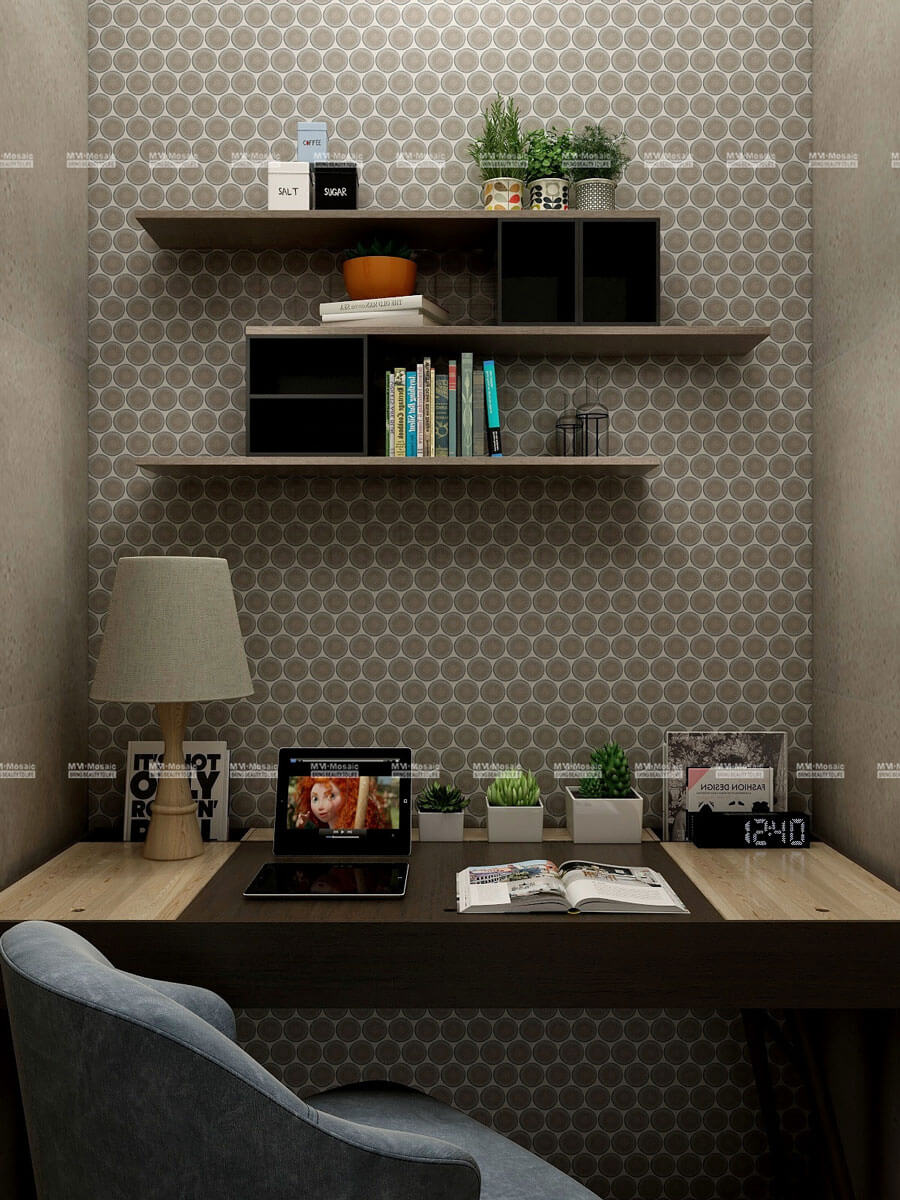 penny round tiles used as stunning study room wall tiles
