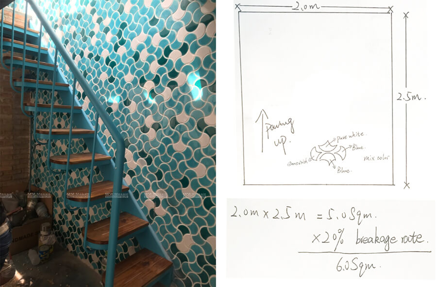 4. mix color fish scale tile as store stairs wall materials