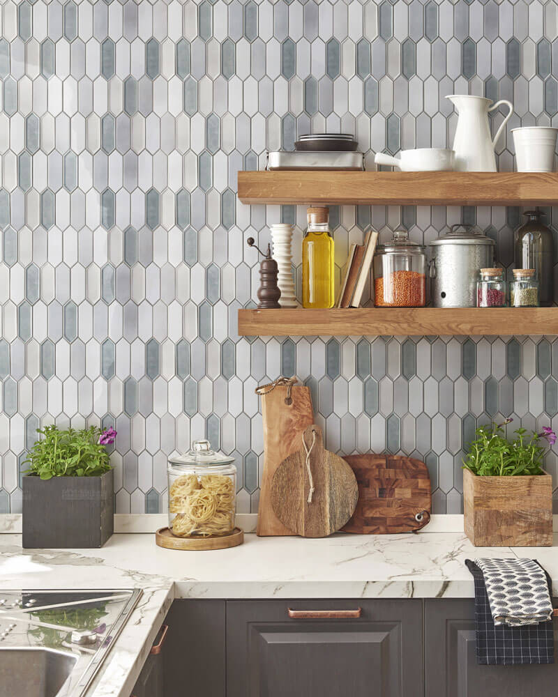 elongated hexagon tile backsplash