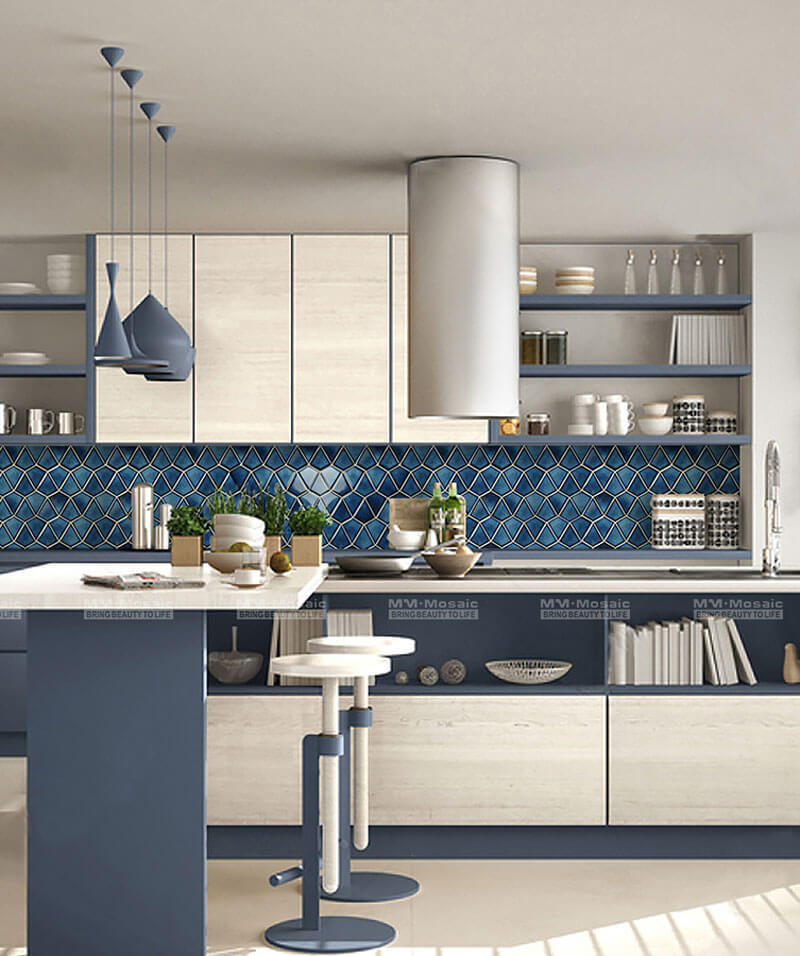 interior design ideas with dark blue diamond tile backsplash