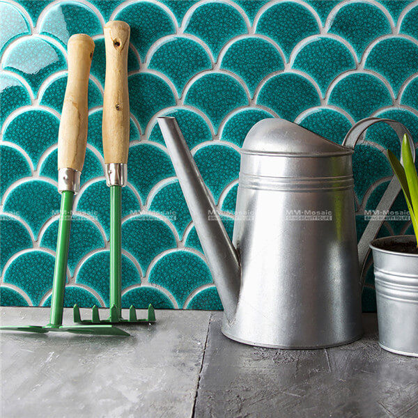 Green Heavy Crackle Fish Scale Porcelain Mosaic In Wave Pattern
