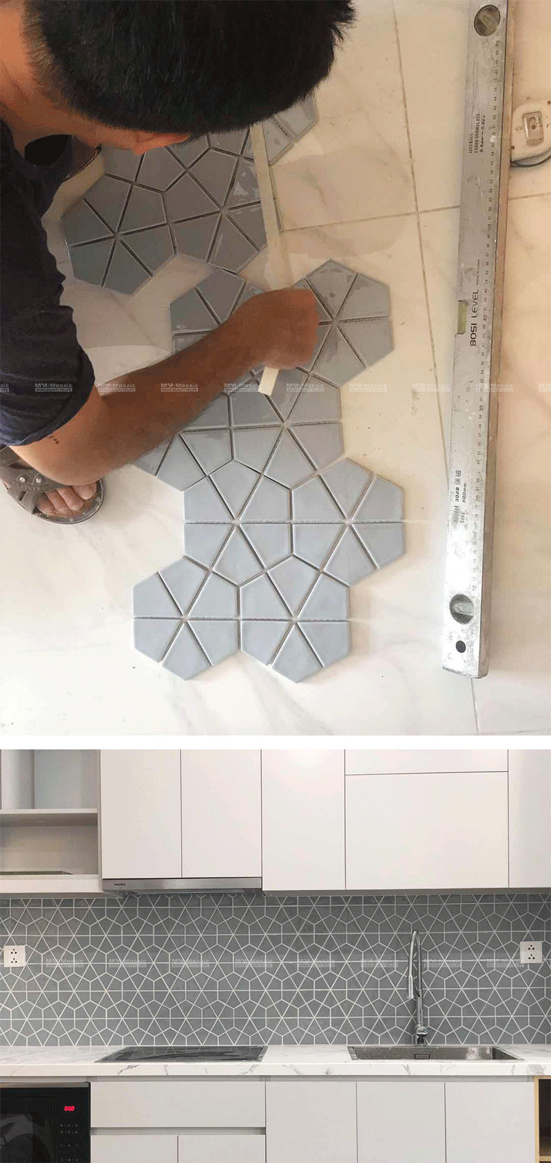 diamond porcelain mosaic as kitchen backsplash