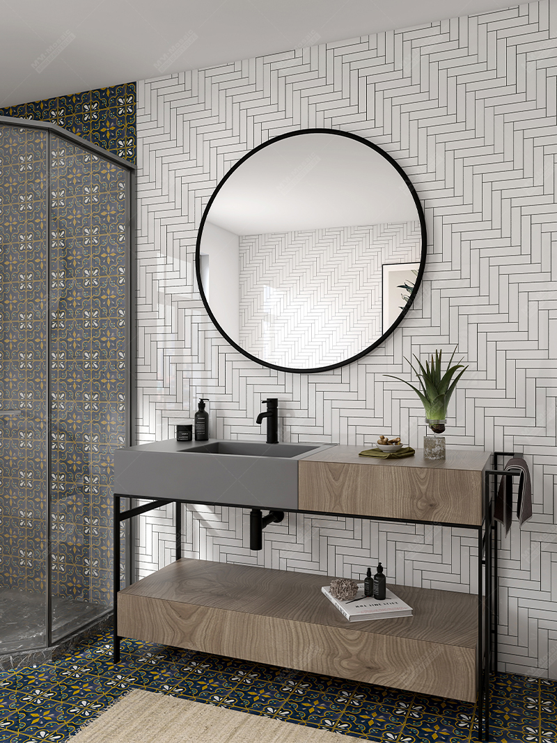 herringbone tile as bathroom vanity wall