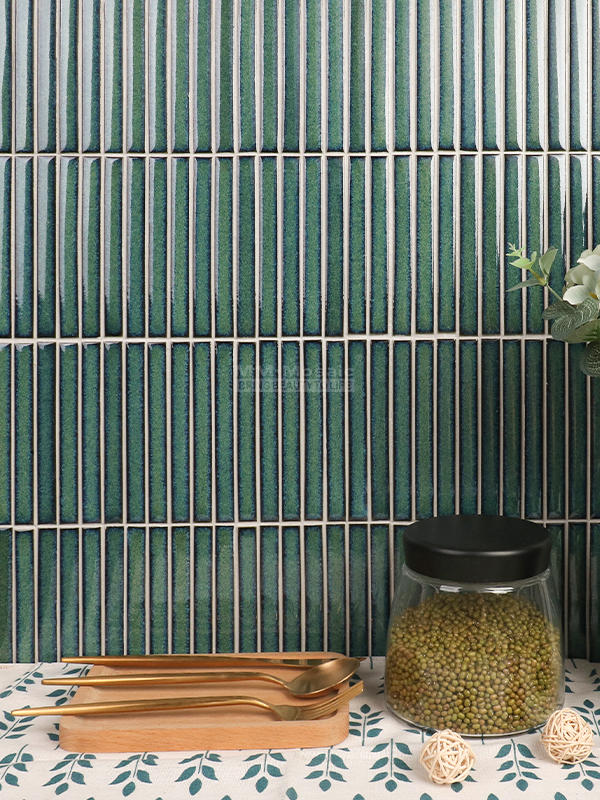 dark green wall tiles as backsplash