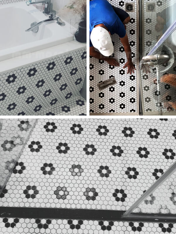 black and white floral pattern hexagon mosaic tile