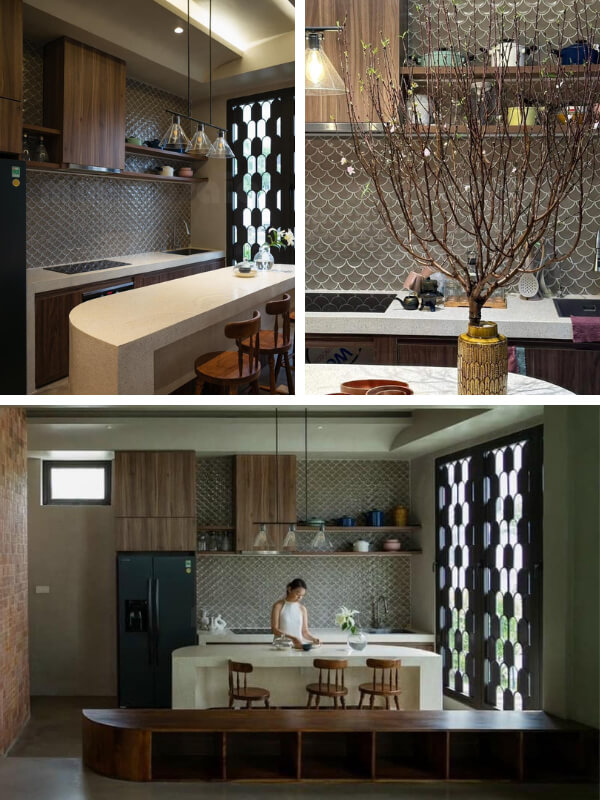 brown fish scale tile as kitchen backsplash