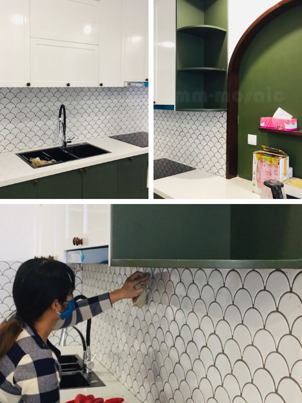 white fish scale tile for backsplash