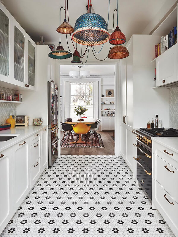 black and white flower pattern hexagon tile as kitchen floor