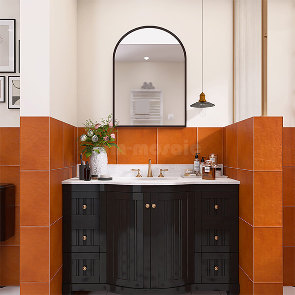 rectangle shape terracotta tile as bathroom vanity wall decor