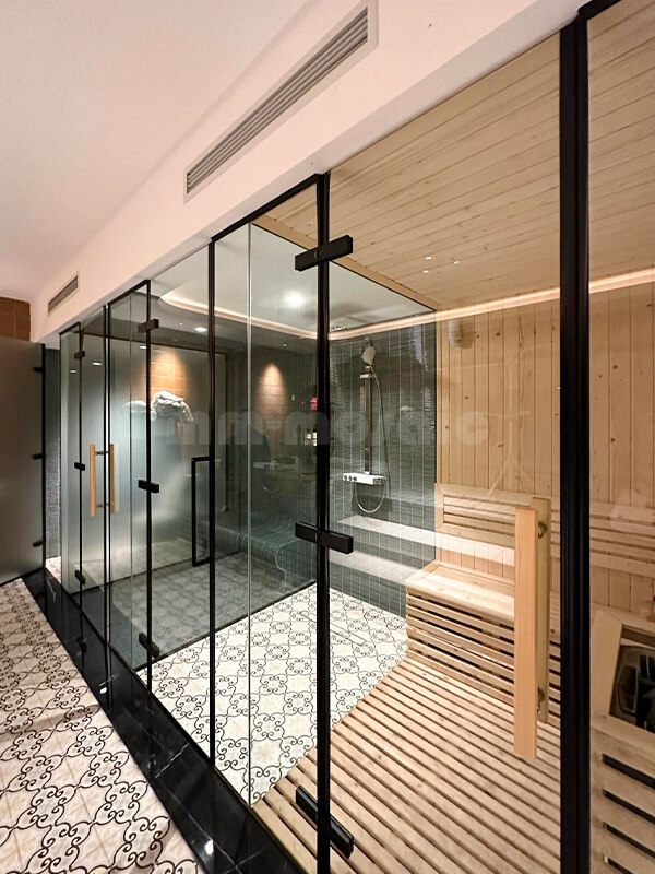 sauna room interior design with dark green kit kat tile